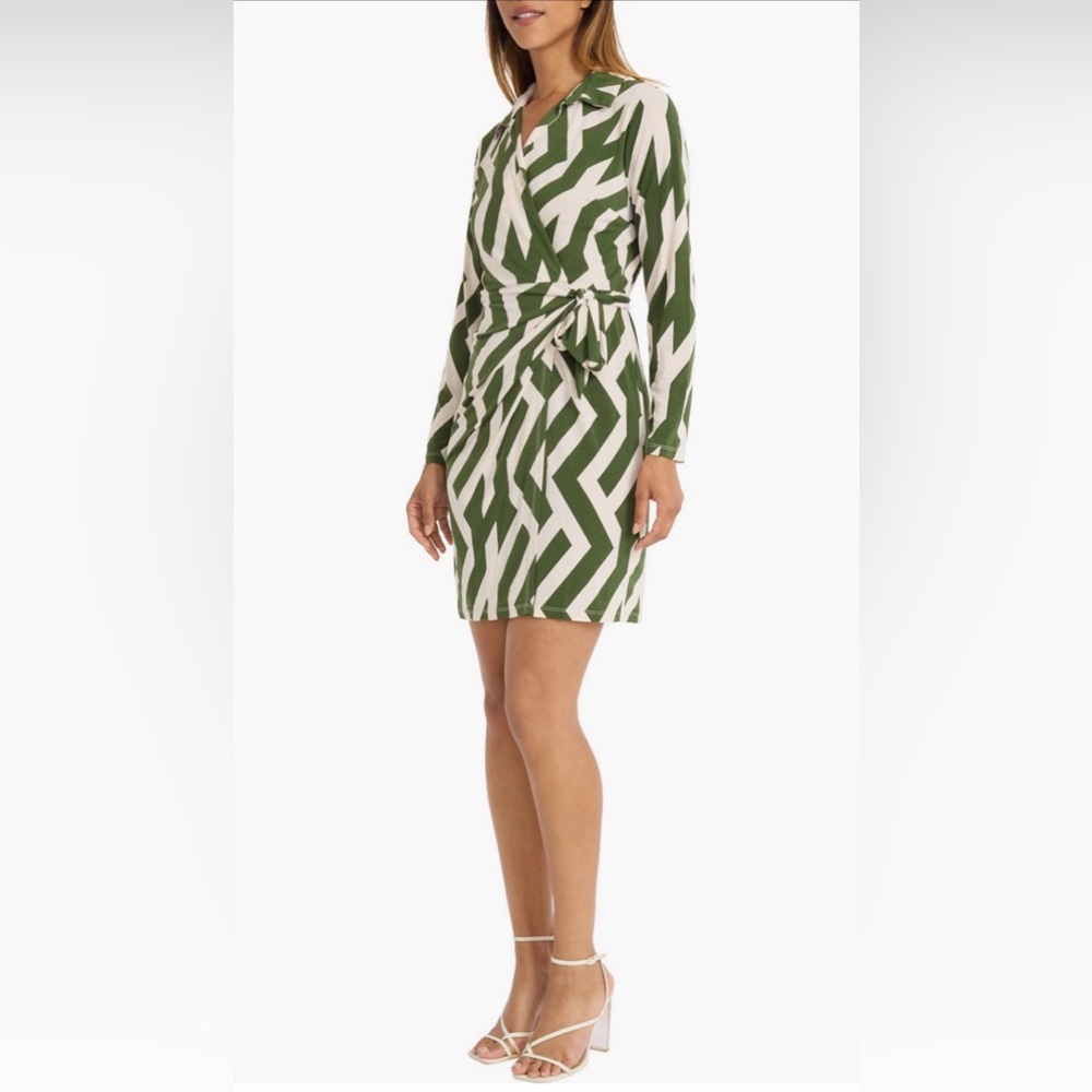 Donna Morgan Geometric Print Wrap Dress- Ivory/Green Size:12 - Picture 3 of 3
